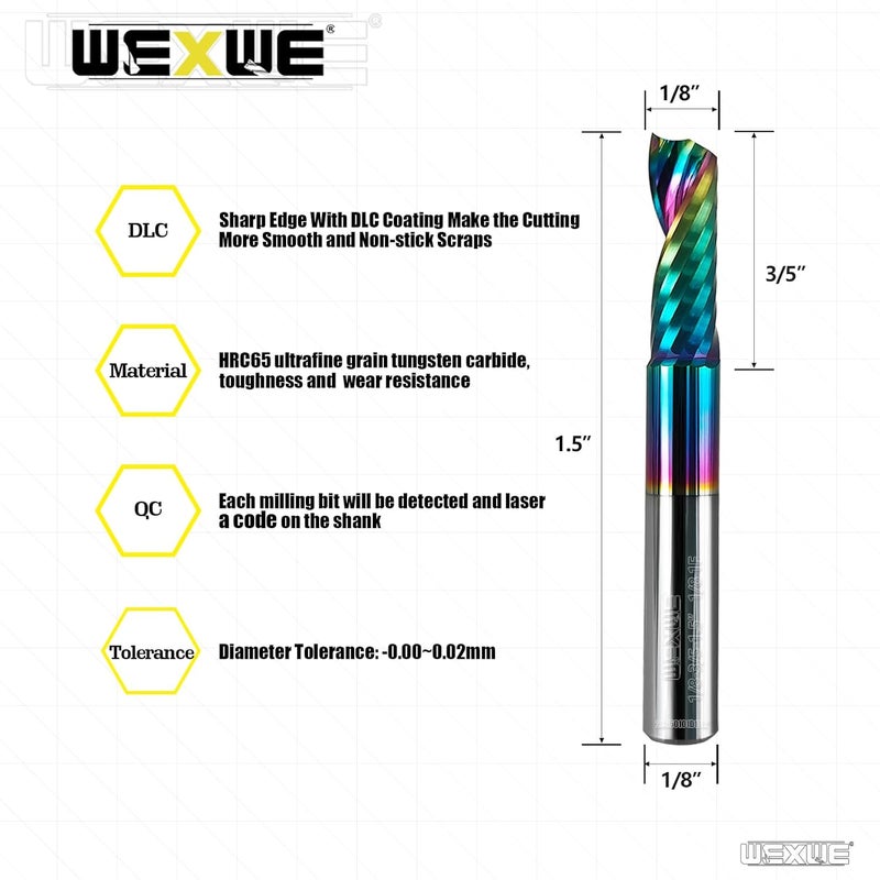 WEXWE Store Tools Solid Carbide CNC Spiral Single Flute End Mill - for Acrylic Plate Aluminum, Wood, Plastic, Brass, Copper Cutting - 1/8 Diameter 1/8" Shank 1.5" Length,1 Flute (1/8-1.5" 2PCS) - Image 2
